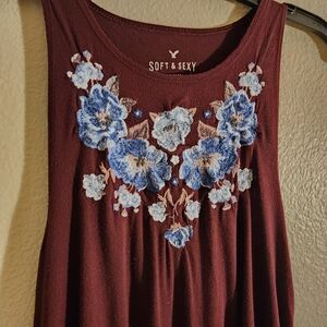 American Eagle Outfitters Maroon Tank Top with Blue Embroidery